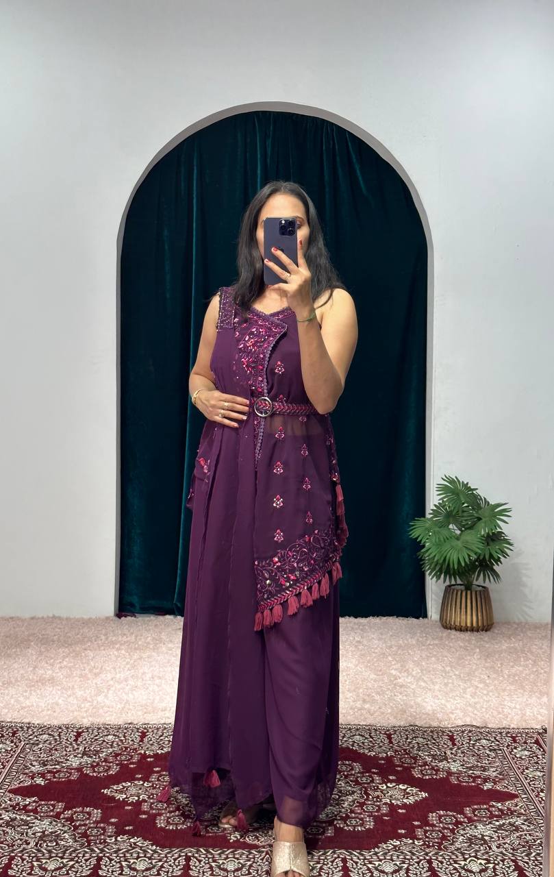 Elegant Faux Georgette Kurti & Plazzo Set with Embroidery Work and Waist Belt (Maroon)