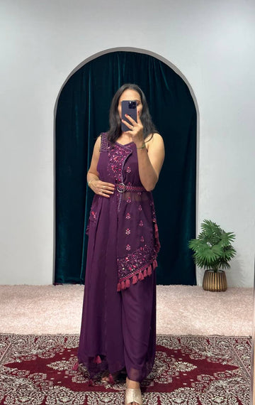 Elegant Faux Georgette Kurti & Plazzo Set with Embroidery Work and Waist Belt (Maroon)