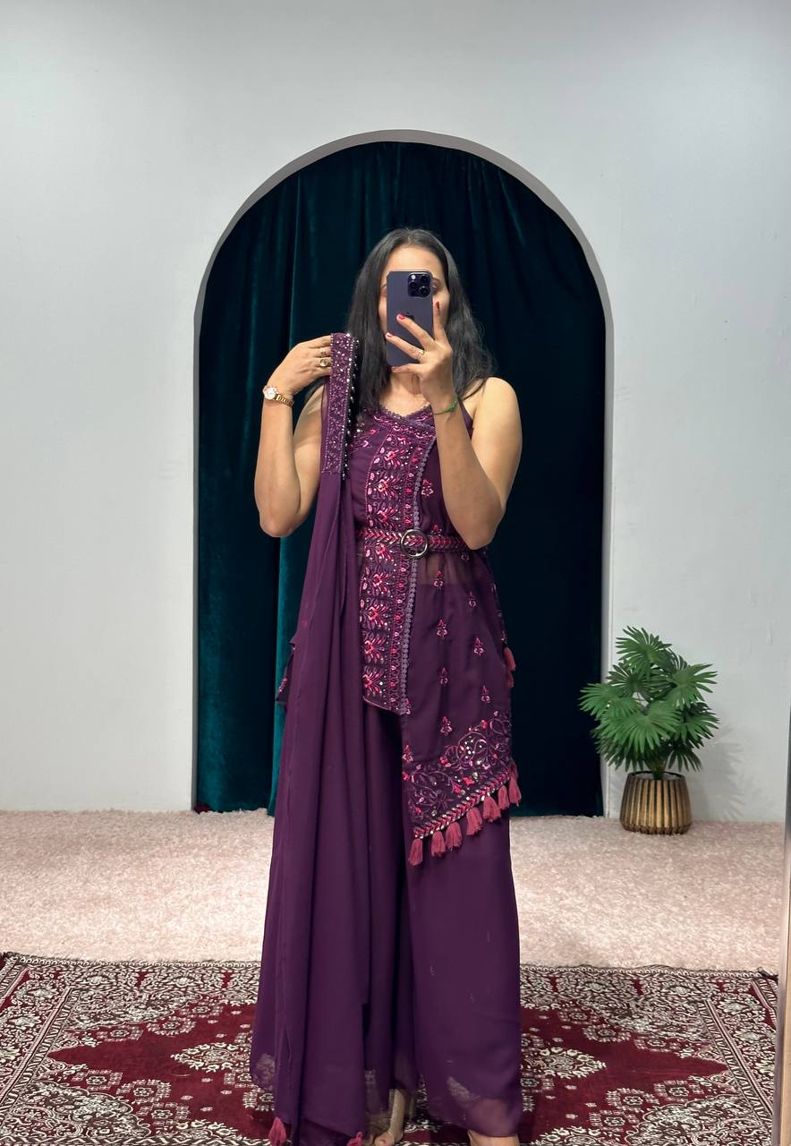 Elegant Faux Georgette Kurti & Plazzo Set with Embroidery Work and Waist Belt (Maroon)