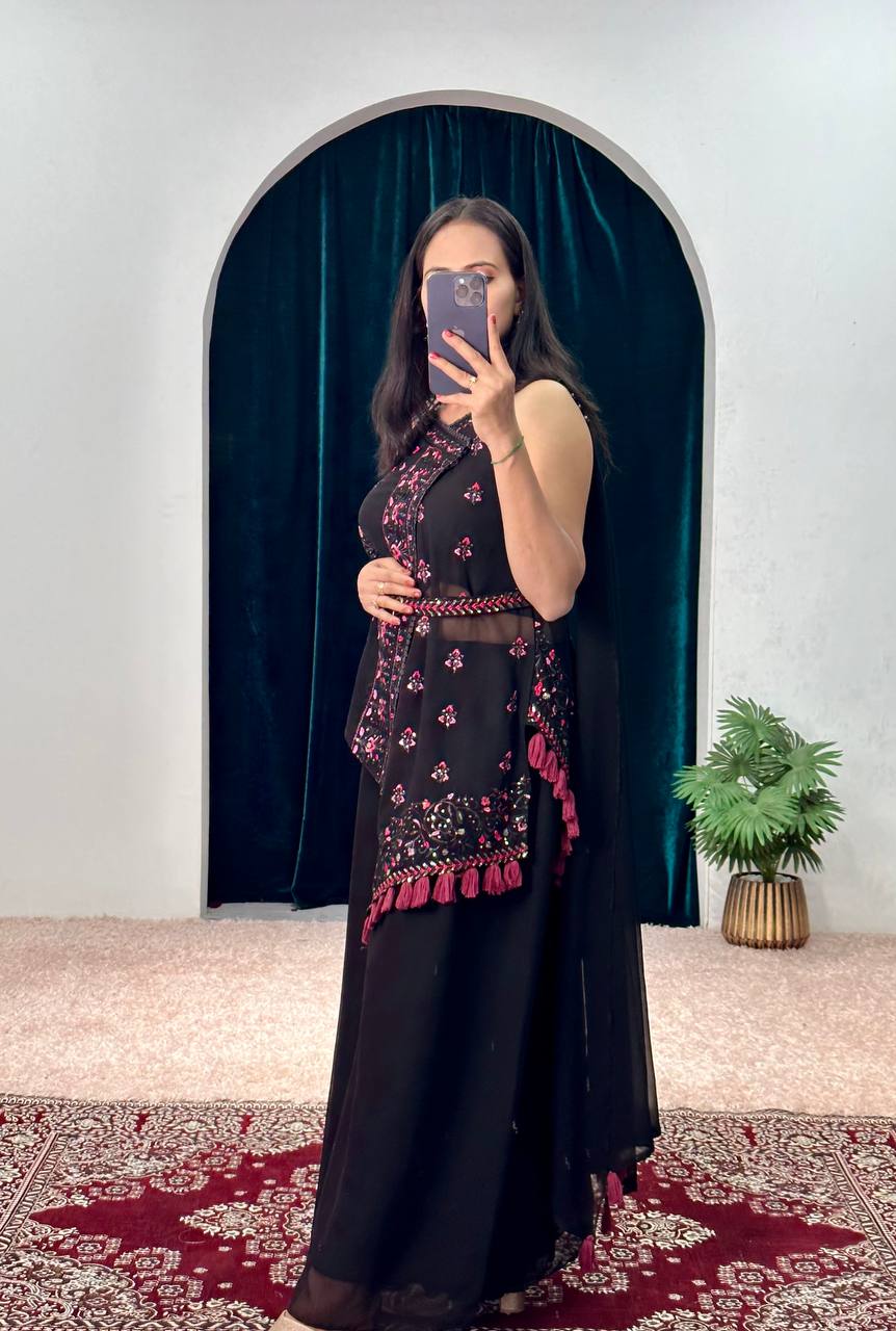 Elegant Faux Georgette Kurti & Plazzo Set with Embroidery Work and Waist Belt (Black)