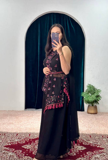 Elegant Faux Georgette Kurti & Plazzo Set with Embroidery Work and Waist Belt (Black)