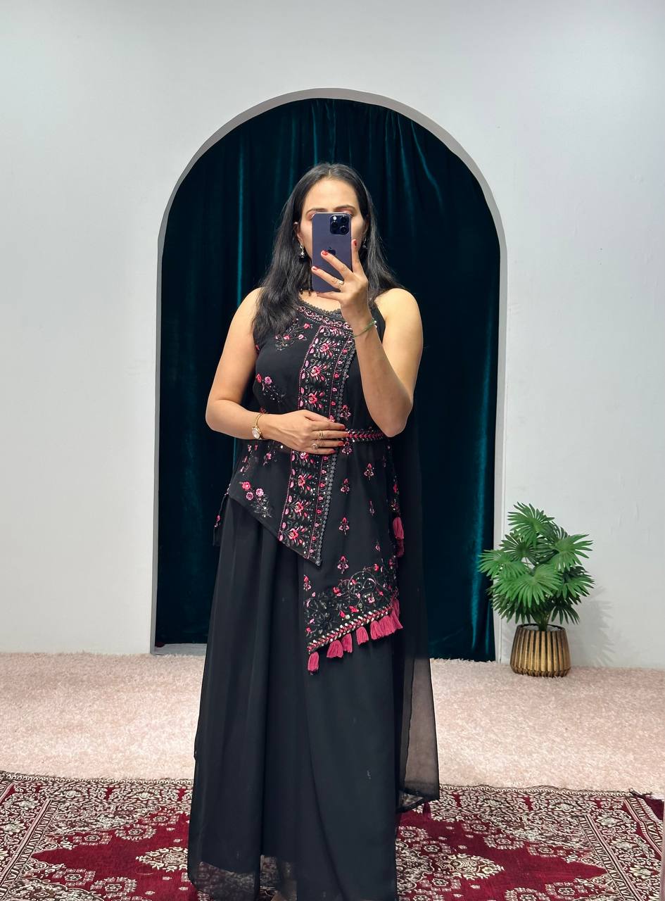 Elegant Faux Georgette Kurti & Plazzo Set with Embroidery Work and Waist Belt (Black)