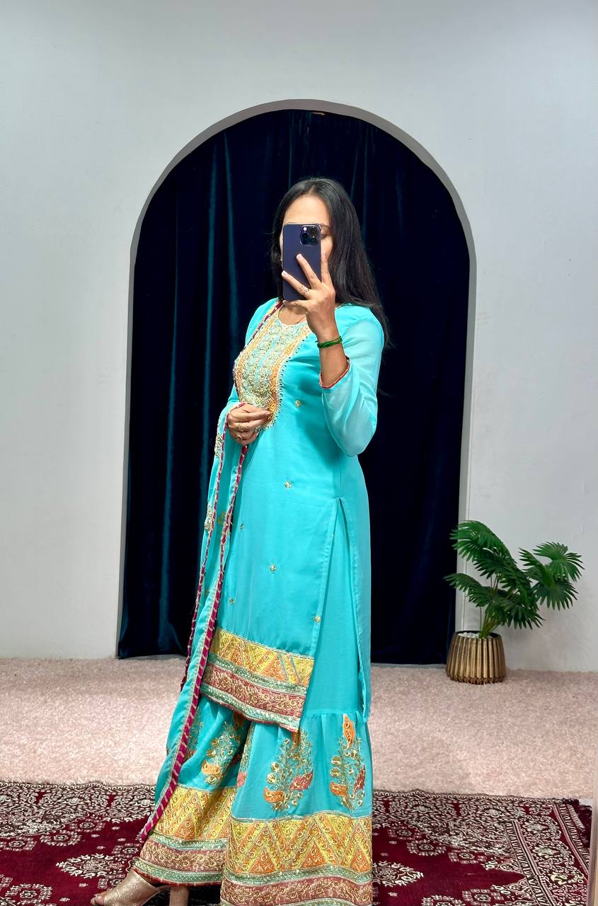 Elegant Faux Georgette Embroidered Suit Set with Handwork, Stone & Mirror Detailing (Sky Blue)