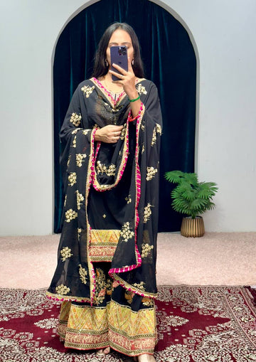 Elegant Faux Georgette Embroidered Suit Set with Handwork, Stone & Mirror Detailing (Black)