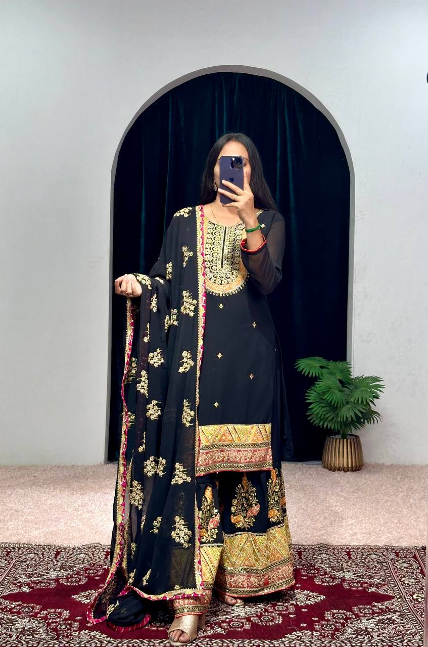 Elegant Faux Georgette Embroidered Suit Set with Handwork, Stone & Mirror Detailing (Black)