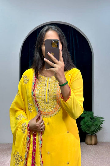 Elegant Faux Georgette Embroidered Suit Set with Handwork, Stone & Mirror Detailing (Yellow)