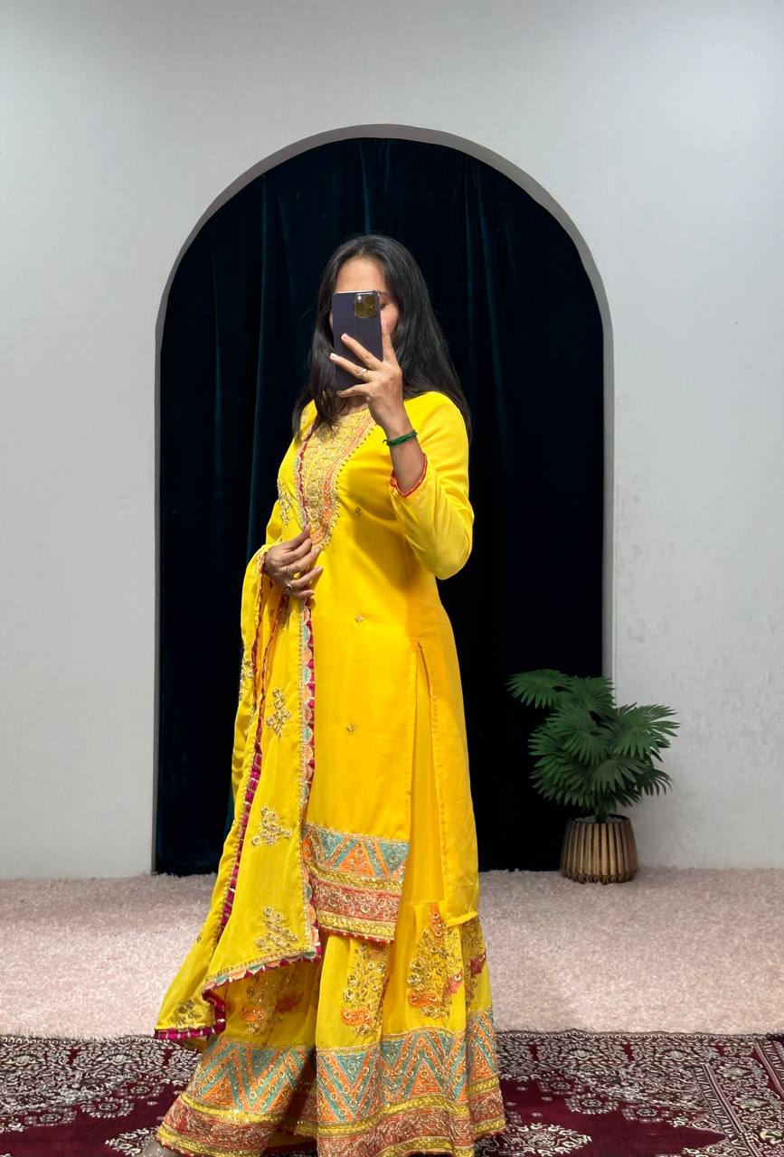 Elegant Faux Georgette Embroidered Suit Set with Handwork, Stone & Mirror Detailing (Yellow)