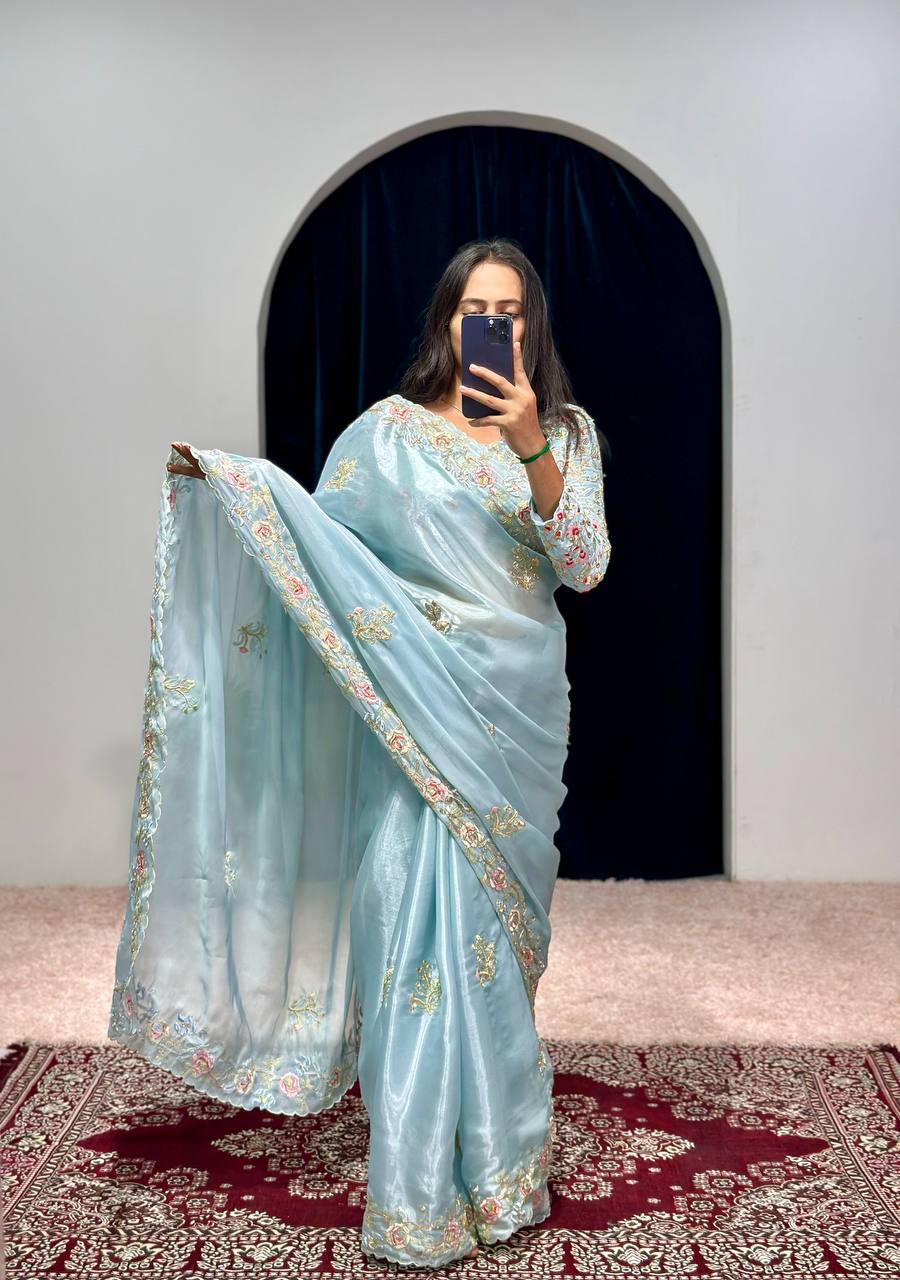 Elegant Jimmy Choo Saree with Cotton Thread & Sequins Embroidery