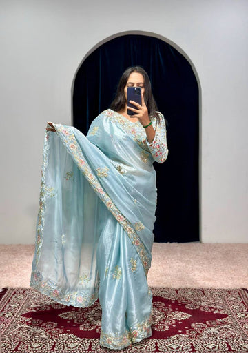 Elegant Jimmy Choo Saree with Cotton Thread & Sequins Embroidery