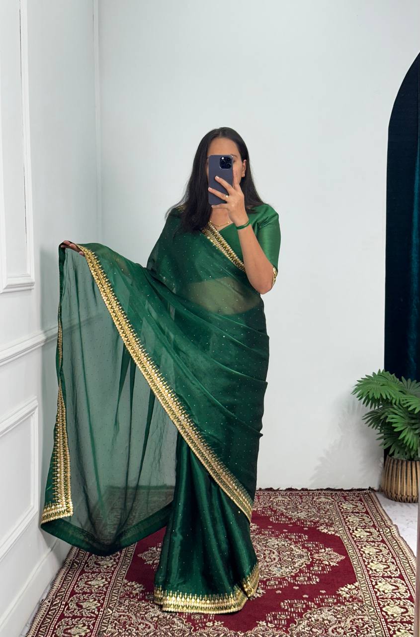 Elegant Burberry Saree with Foil & Zari Embroidery and Crystal Diamond Accents (Green)