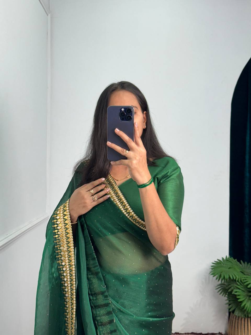 Elegant Burberry Saree with Foil & Zari Embroidery and Crystal Diamond Accents (Green)