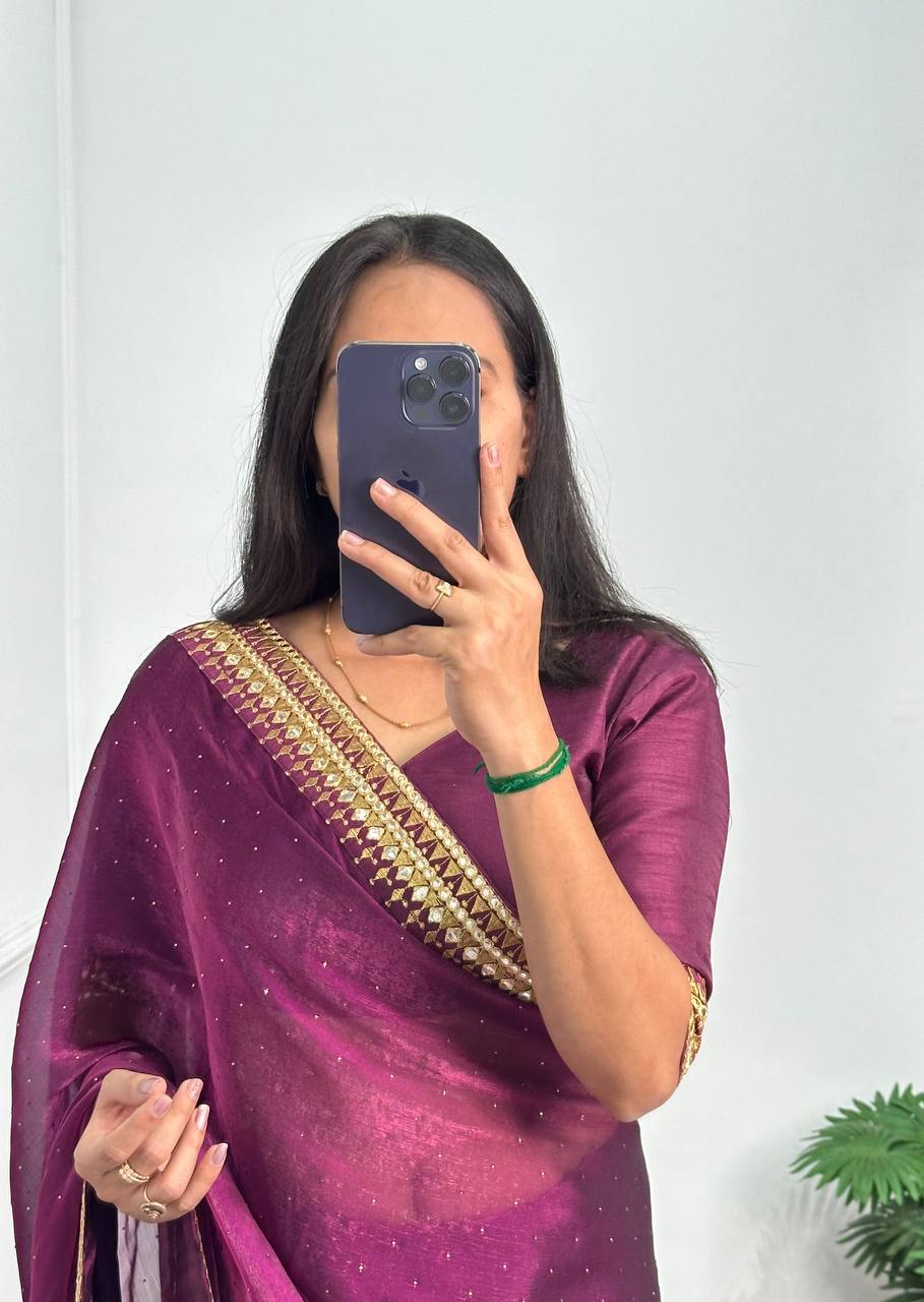 Elegant Burberry Saree with Foil & Zari Embroidery and Crystal Diamond Accents (Maroon)