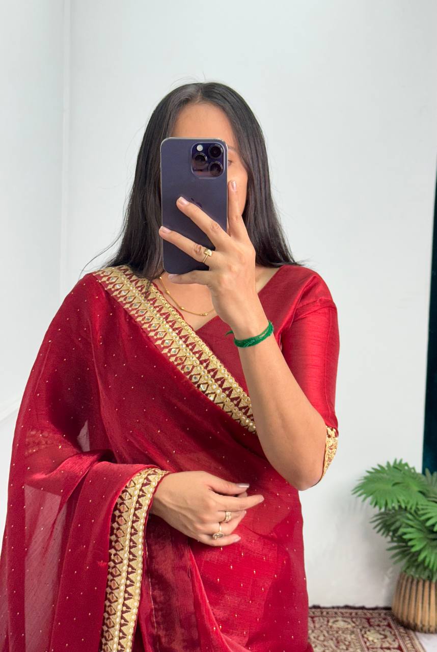 Elegant Burberry Saree with Foil & Zari Embroidery and Crystal Diamond Accents (Red)