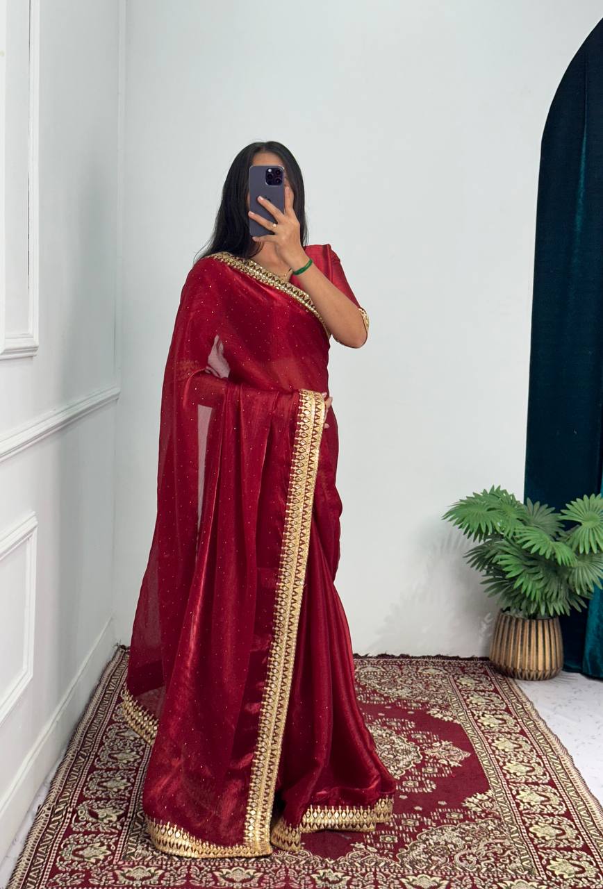 Elegant Burberry Saree with Foil & Zari Embroidery and Crystal Diamond Accents (Red)