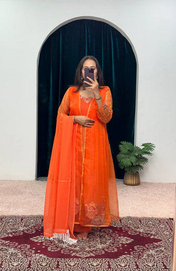 Designer Embroidered Kurti Set with Palazzo, Lace Dupatta & Organza Shrug (Orange)