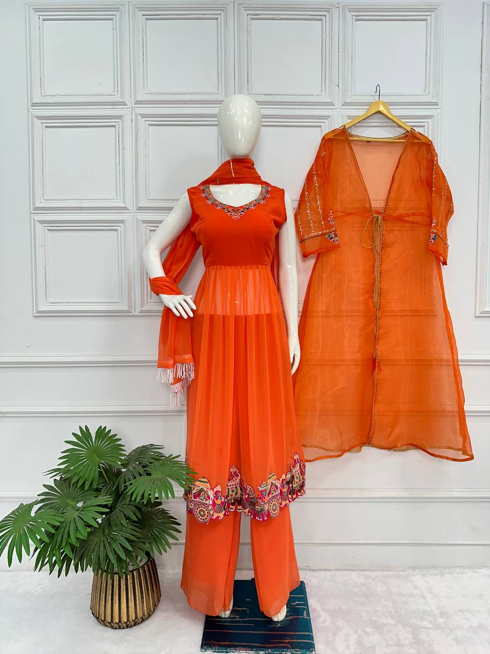Designer Embroidered Kurti Set with Palazzo, Lace Dupatta & Organza Shrug (Orange)