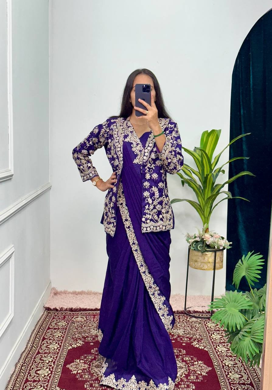 Designer Chinon Saree Set with Heavy Embroidery & Stitched Koti (Blue)