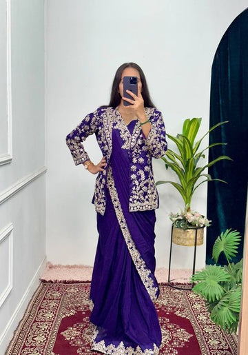 Designer Chinon Saree Set with Heavy Embroidery & Stitched Koti (Blue)