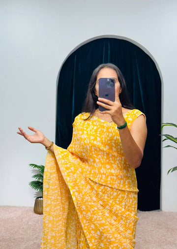 Faux Georgette Digital Print Saree with Ruffle Flair (Yellow)