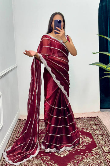 Designer Embroidered Burberry Saree (Marron)