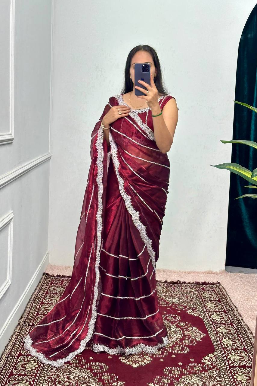 Designer Embroidered Burberry Saree (Marron)