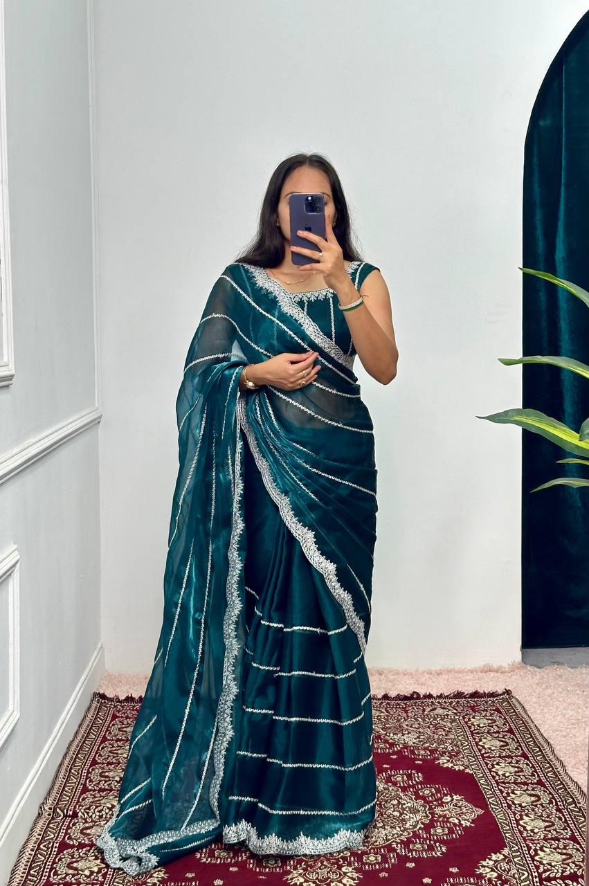 Designer Embroidered Burberry Saree (Dark Green)