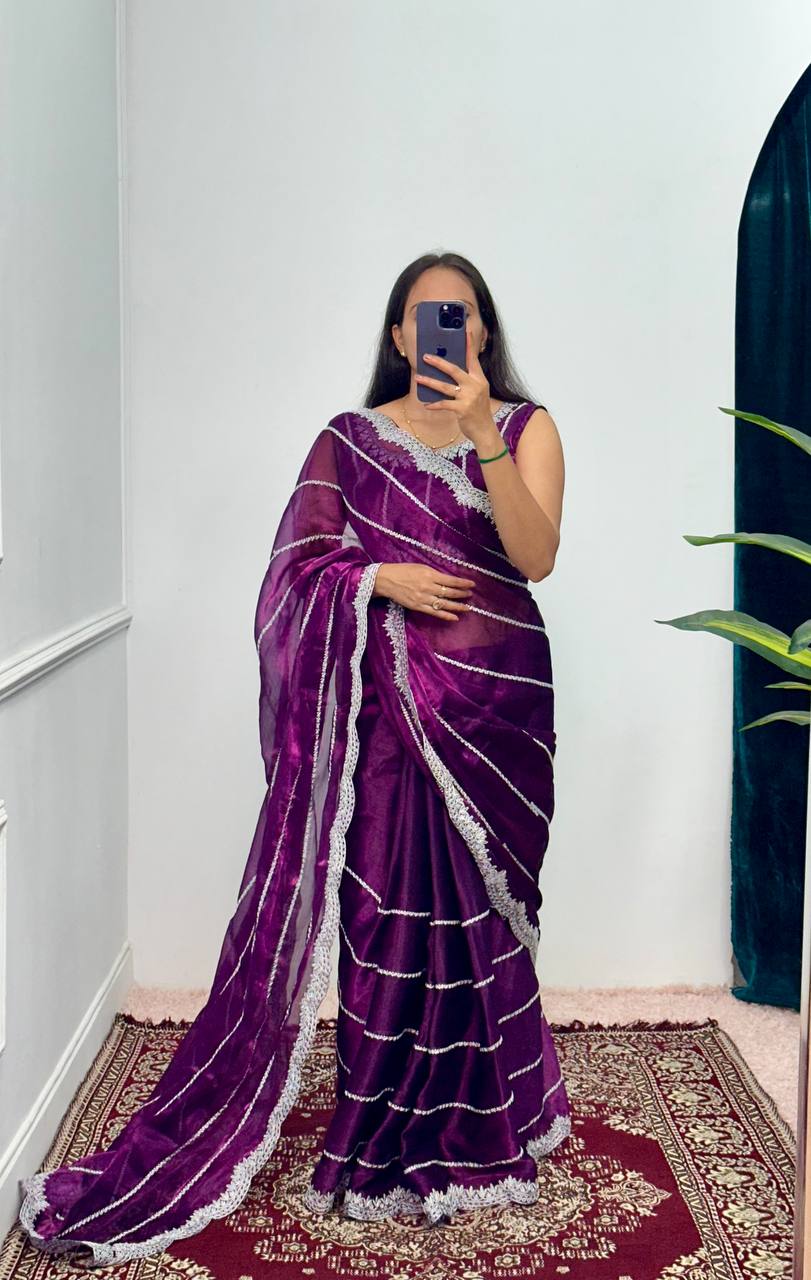 Designer Embroidered Burberry Saree (Purple Blue)