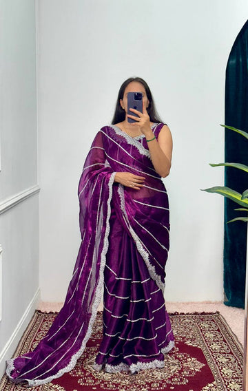 Designer Embroidered Burberry Saree (Purple Blue)