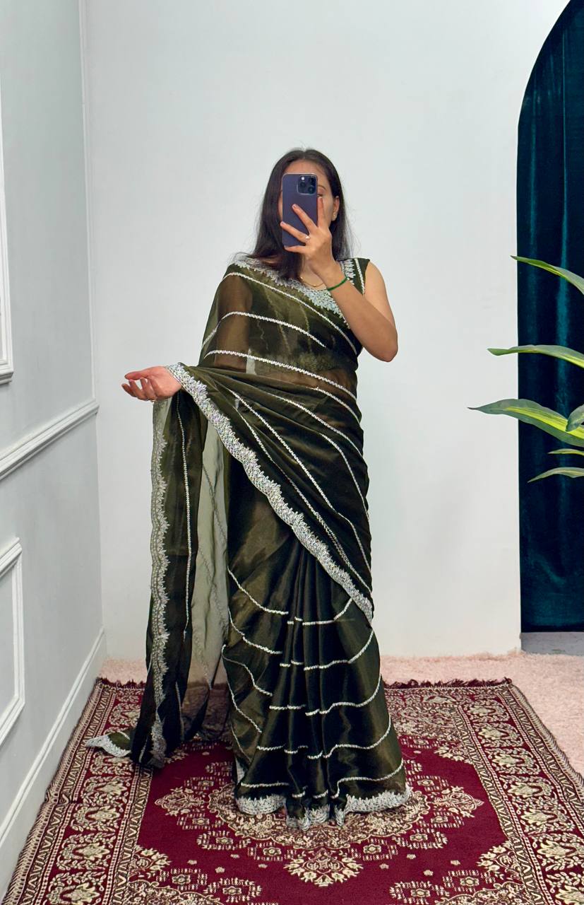 Designer Embroidered Burberry Saree (Green)