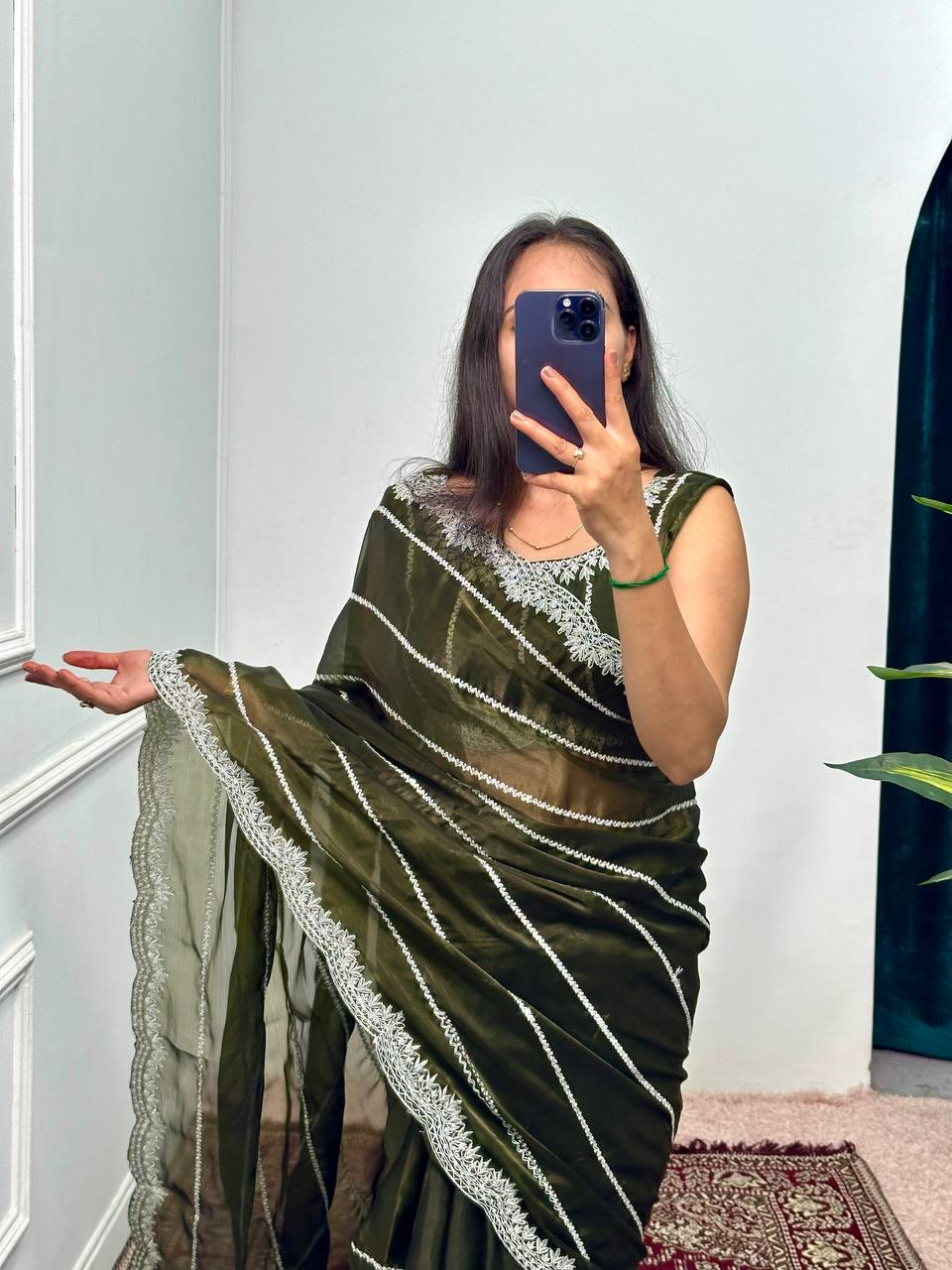 Designer Embroidered Burberry Saree (Green)
