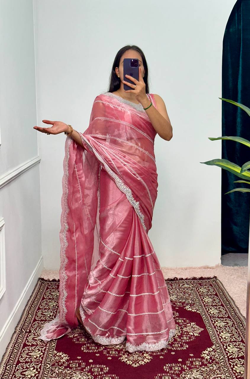 Designer Embroidered Burberry Saree (Pink)