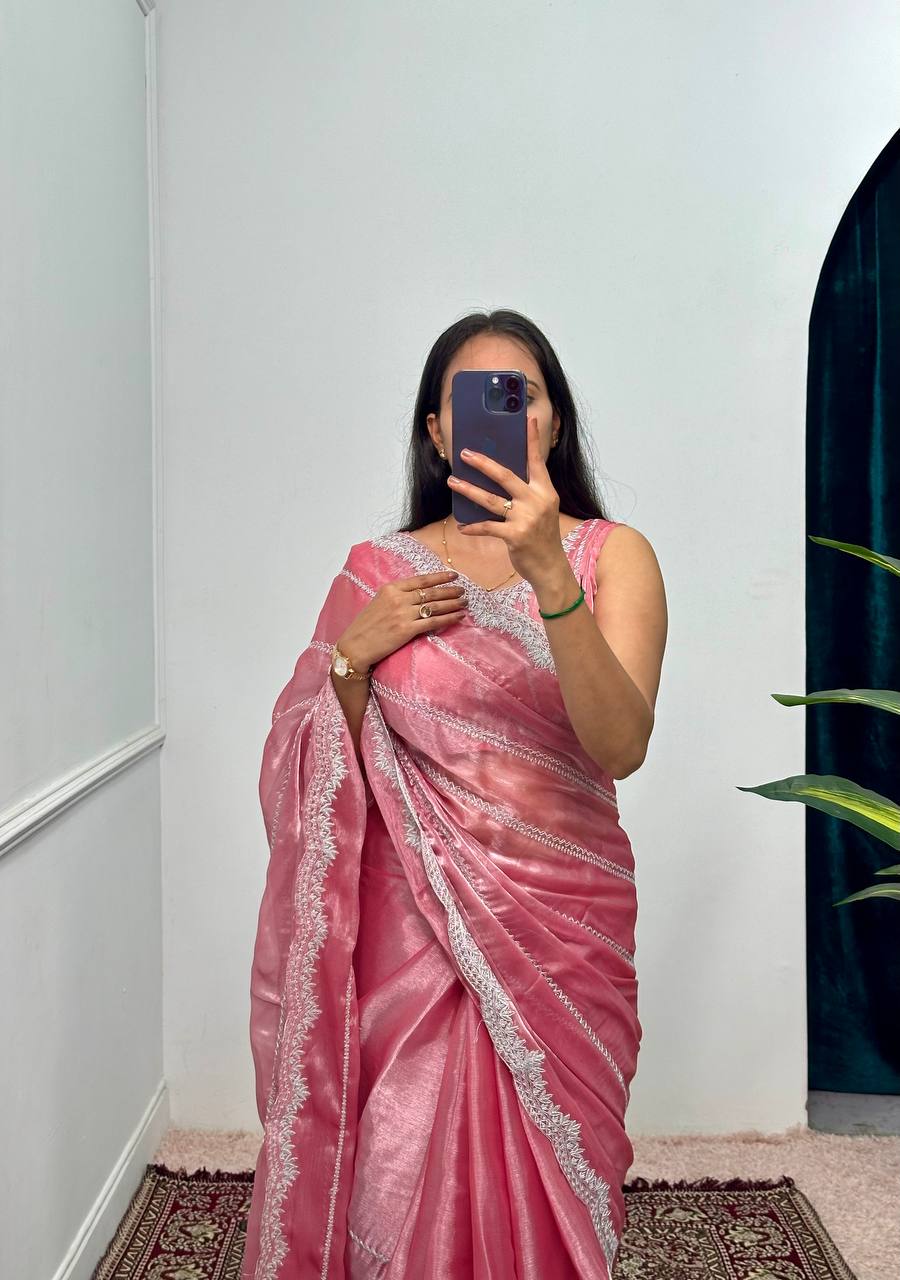 Designer Embroidered Burberry Saree (Pink)
