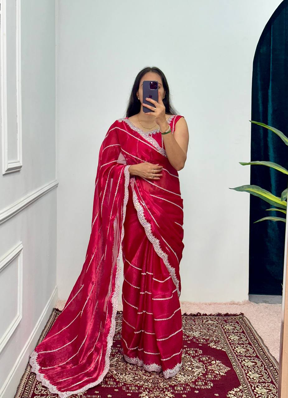 Designer Embroidered Burberry Saree (Red)