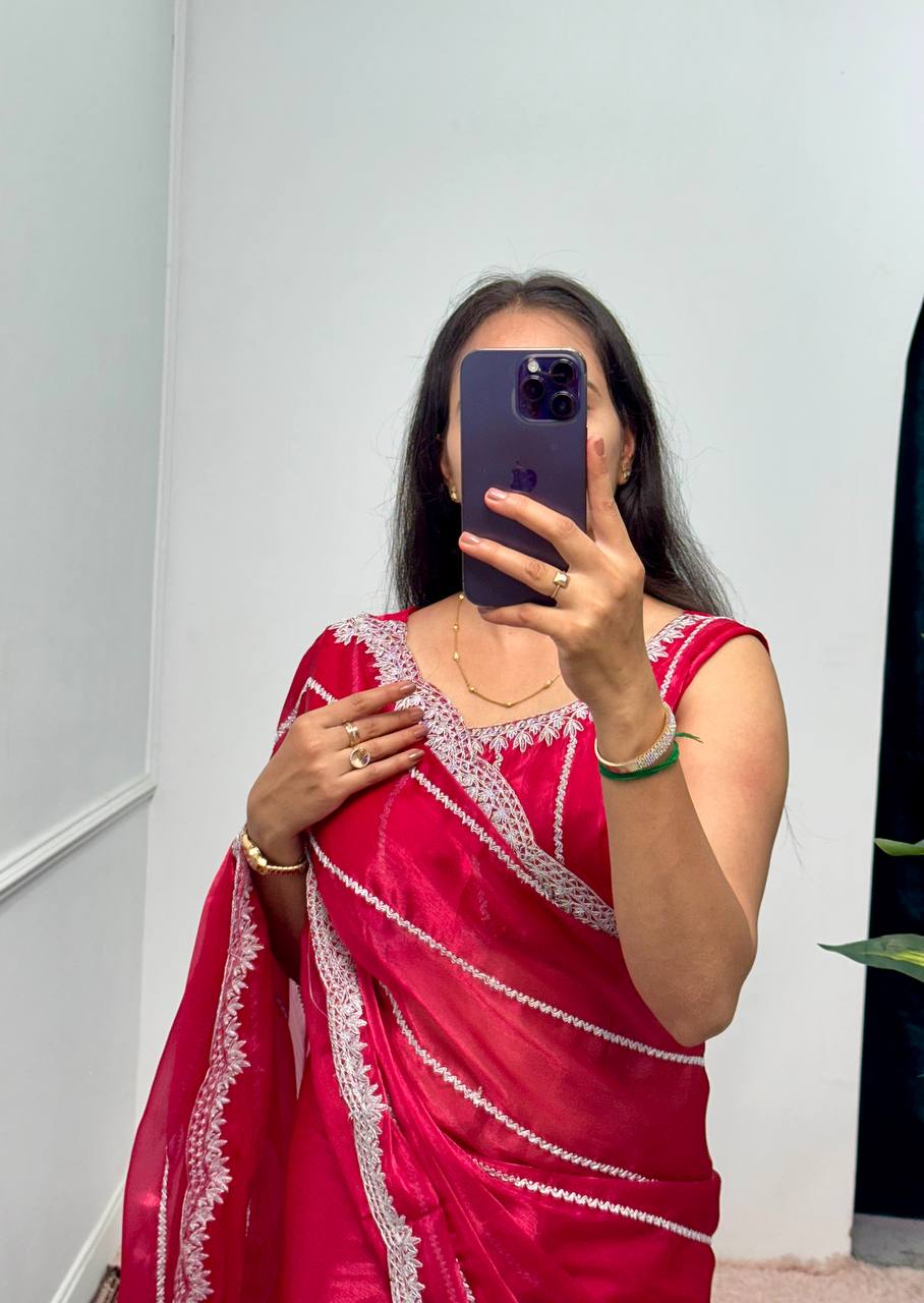 Designer Embroidered Burberry Saree (Red)