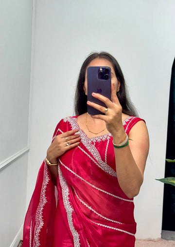 Designer Embroidered Burberry Saree (Red)