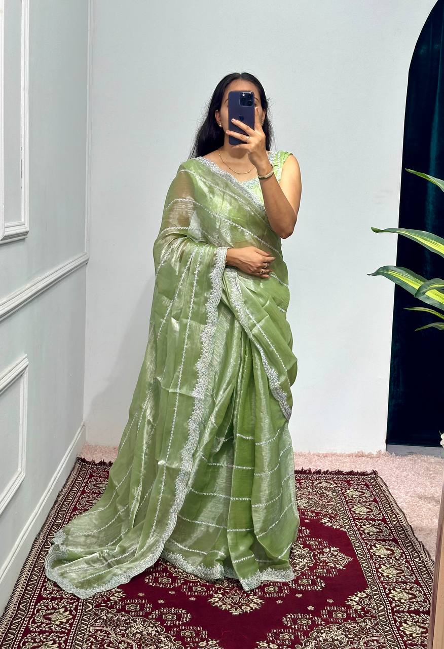 Designer Embroidered Burberry Saree (Peacock Green)