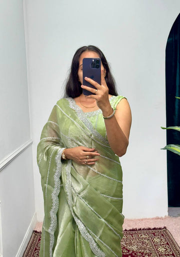 Designer Embroidered Burberry Saree (Peacock Green)
