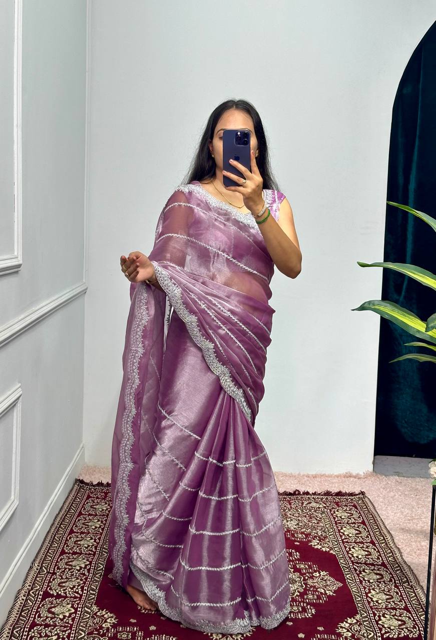 Designer Embroidered Burberry Saree ( Light Purple)
