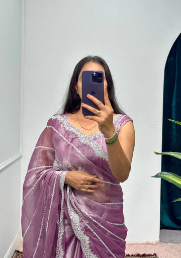 Designer Embroidered Burberry Saree ( Light Purple)