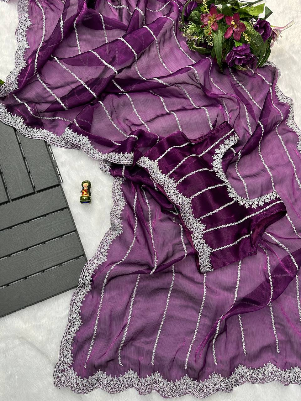 Designer Embroidered Burberry Saree (Purple Blue)