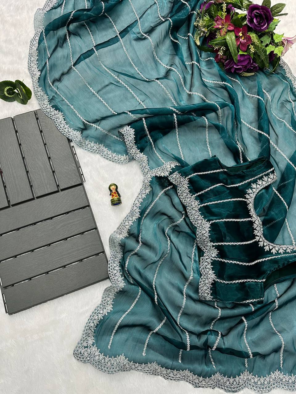 Designer Embroidered Burberry Saree (Dark Green)