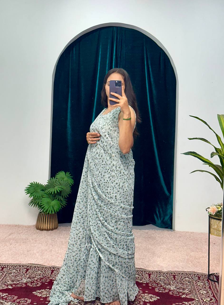 Faux Georgette Digital Print Saree with Ruffle Flair (Grey)