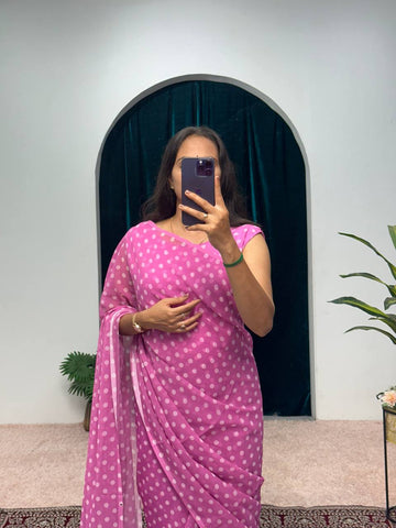 Faux Georgette Digital Print Saree with Ruffle Flair (Pink)