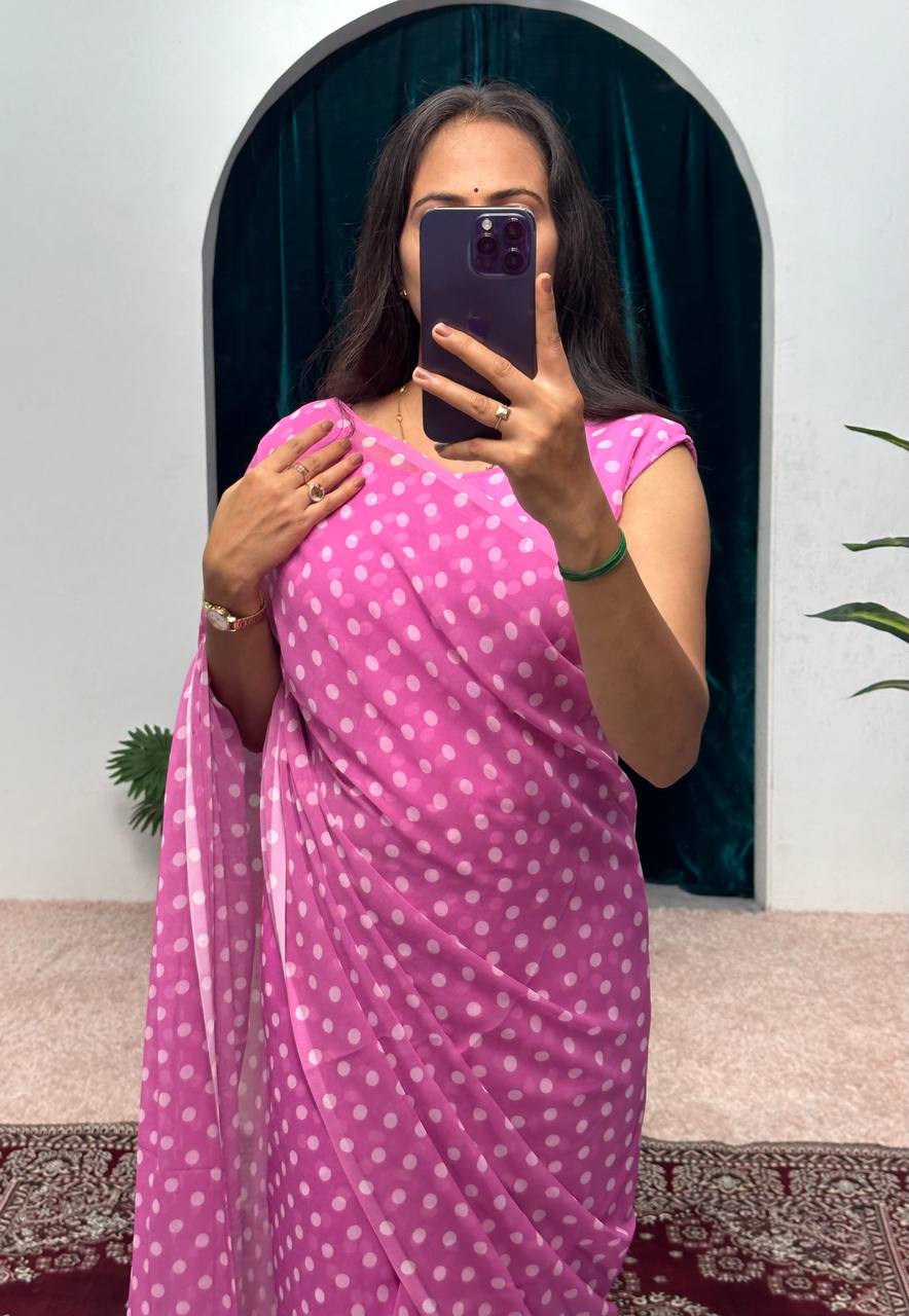 Faux Georgette Digital Print Saree with Ruffle Flair (Pink)