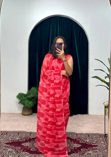 Faux Georgette Digital Print Saree with Ruffle Flair (Red)