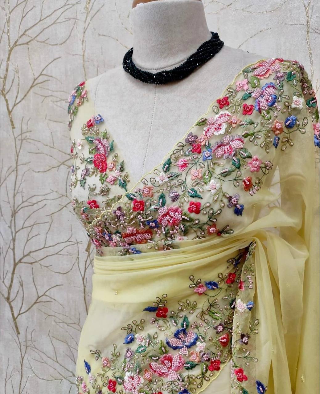 Premium Embroidered Faux Georgette Saree with Traditional Handwork Border (Light Yellow)