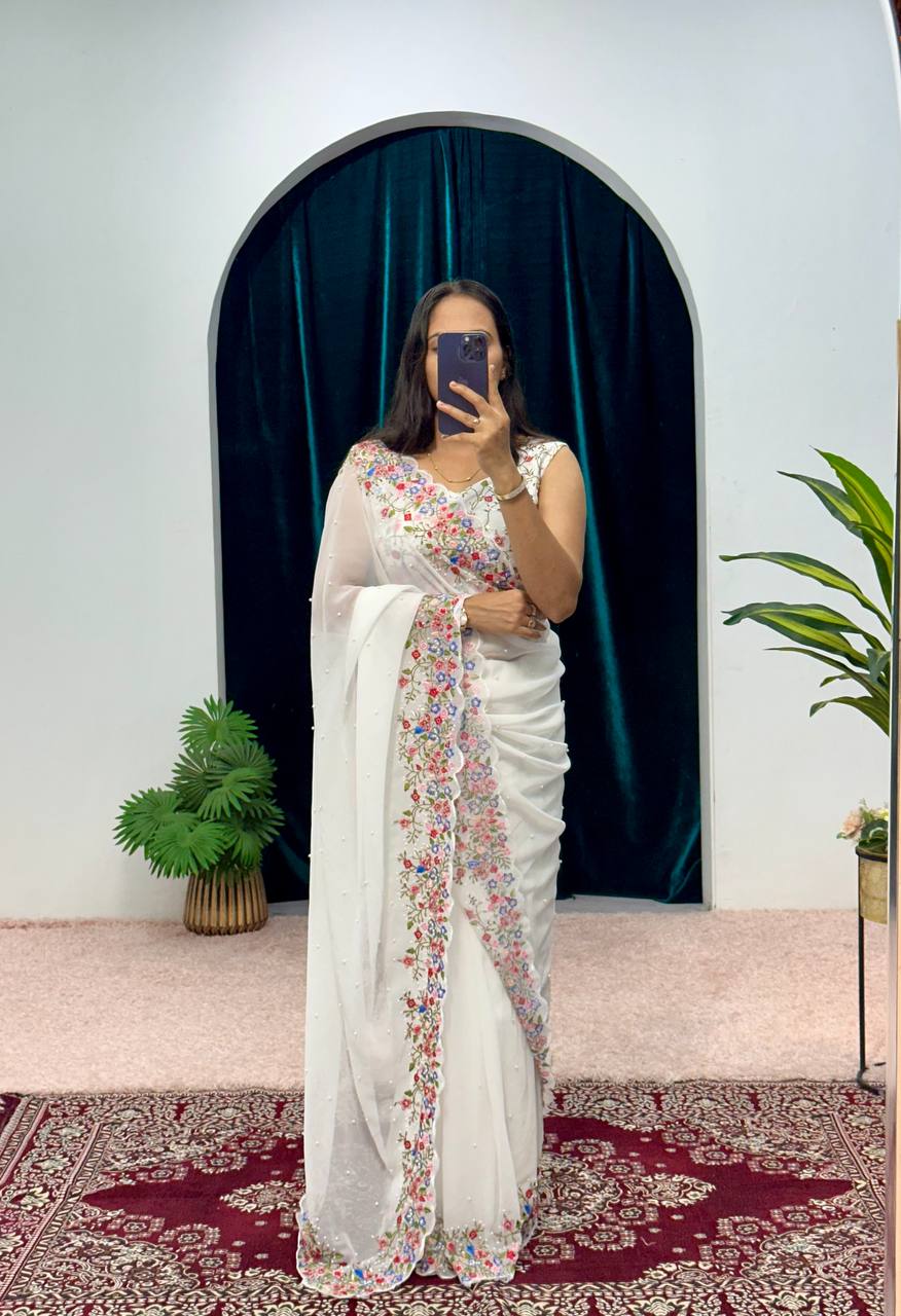 Premium Embroidered Faux Georgette Saree with Traditional Handwork Border (White)