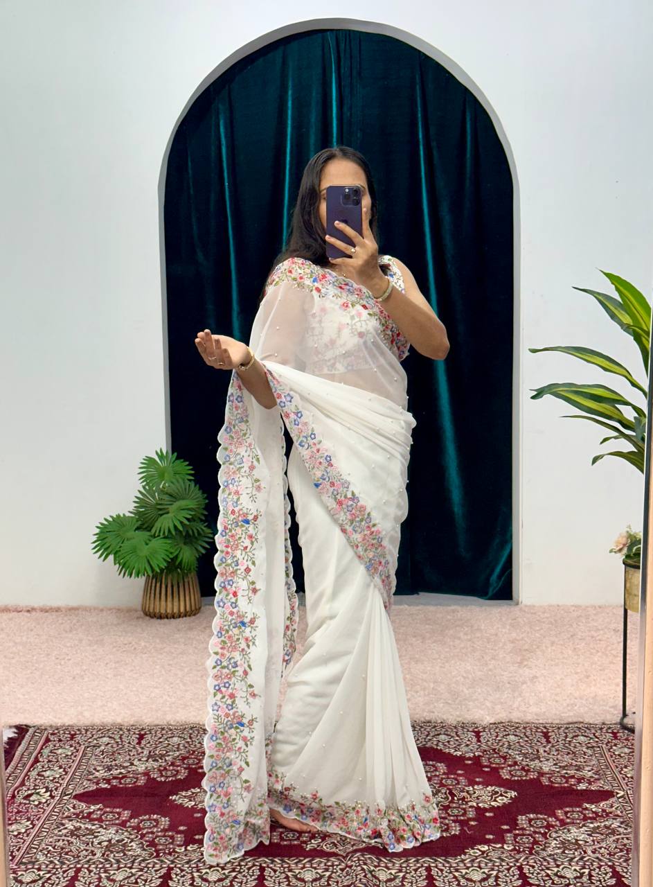 Premium Embroidered Faux Georgette Saree with Traditional Handwork Border (White)
