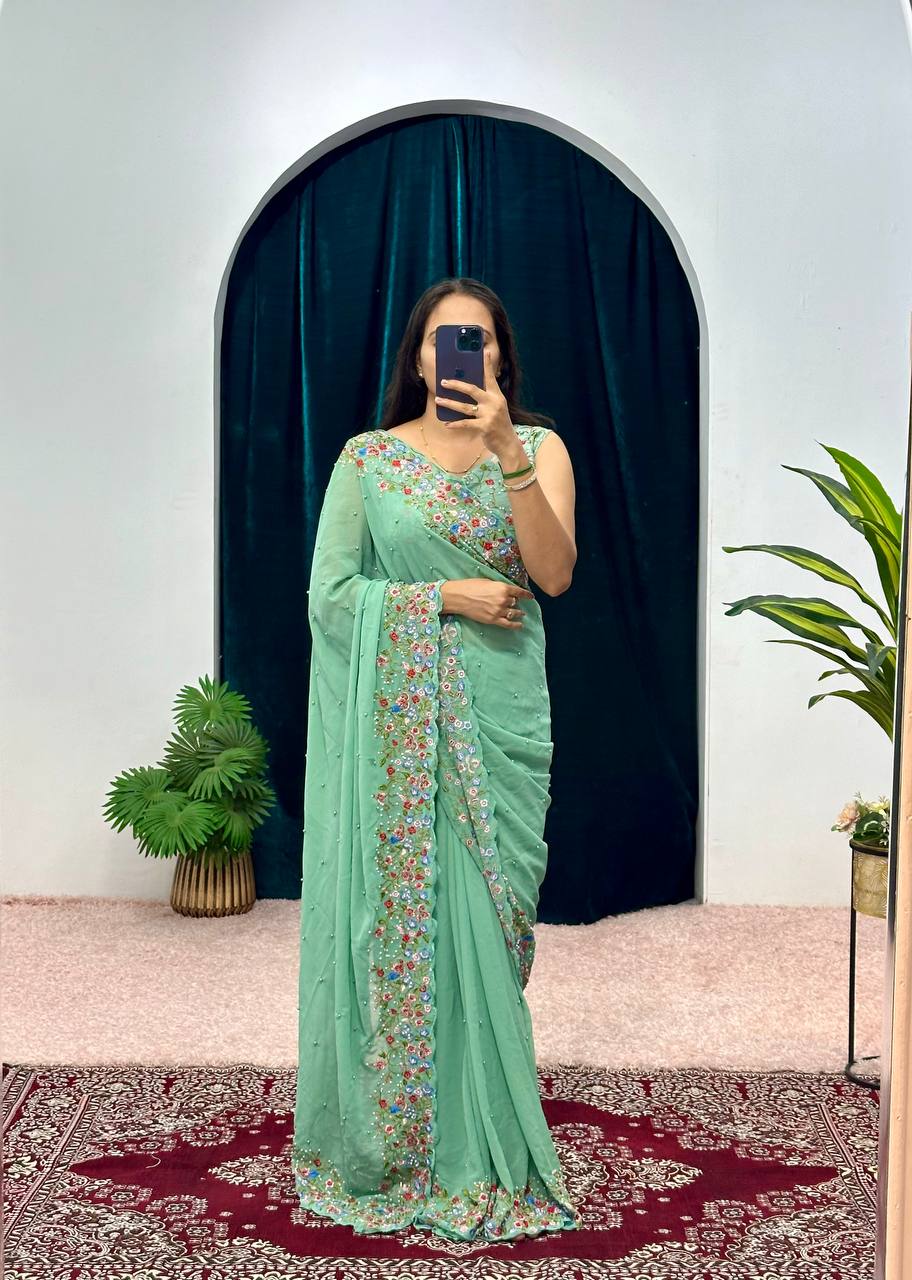 Premium Embroidered Faux Georgette Saree with Traditional Handwork Border (Green)