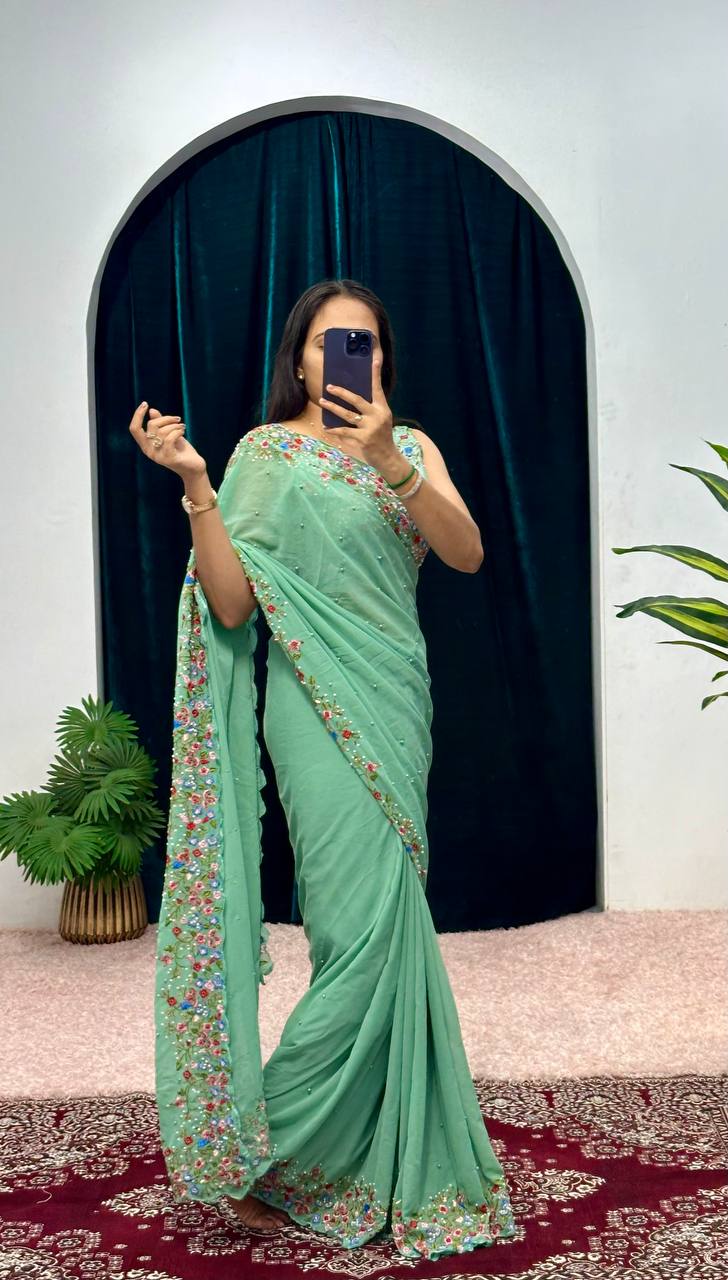 Premium Embroidered Faux Georgette Saree with Traditional Handwork Border (Green)